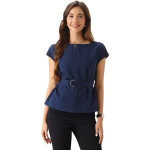 Cap Sleeve Dressy Boat Neck Work Belted Peplum Tops Dark Blue